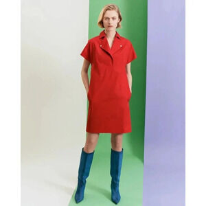 Akris Punto Moto Collar Stretch Cotton Gabardine Knee-Length Dress sz 16 Orange